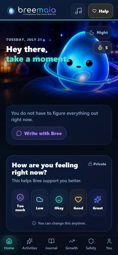 Breemaia mobile app home screen showing Bree, private mood choices, and a link to write with Bree.