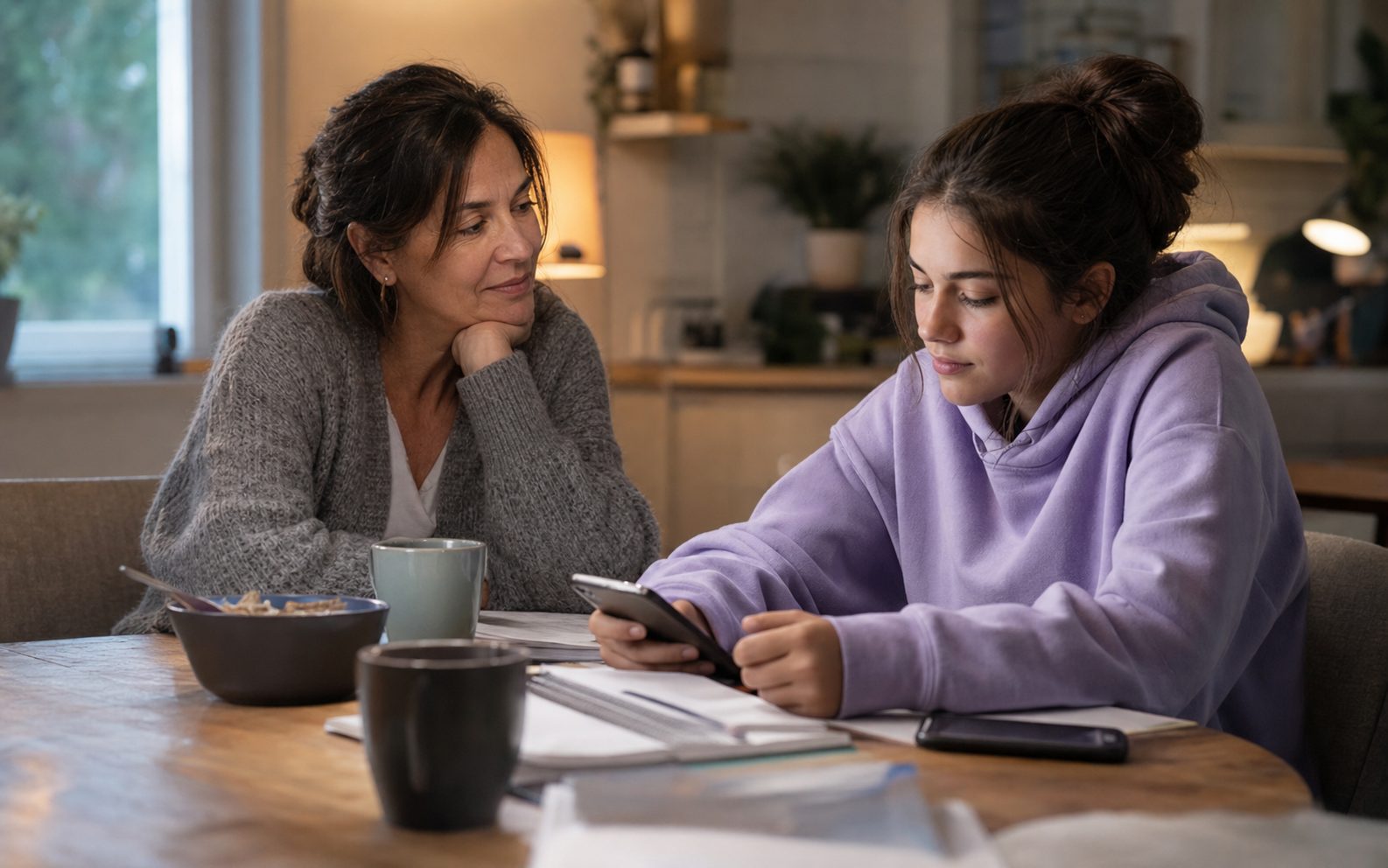 Parent sitting nearby while a teen uses their phone privately at a kitchen table.