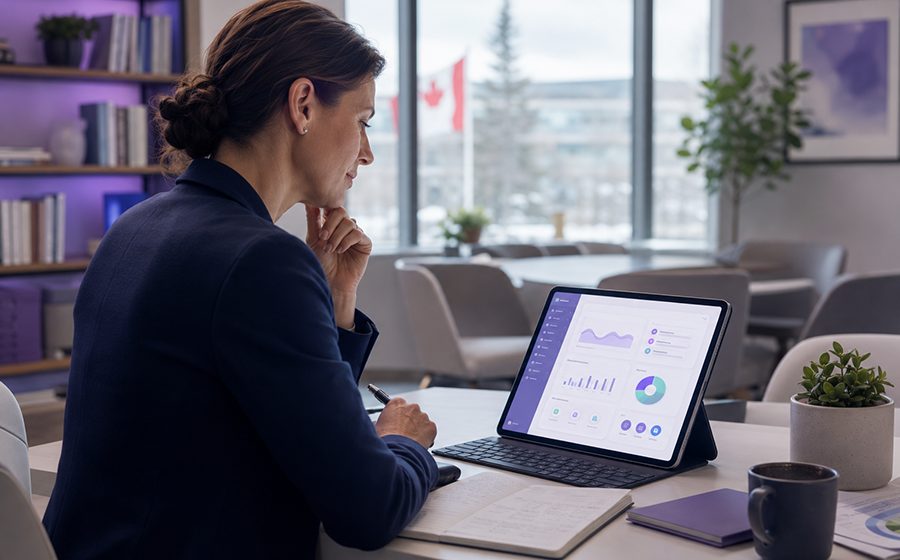 Professional reviewing a wellness app preview in a calm office.