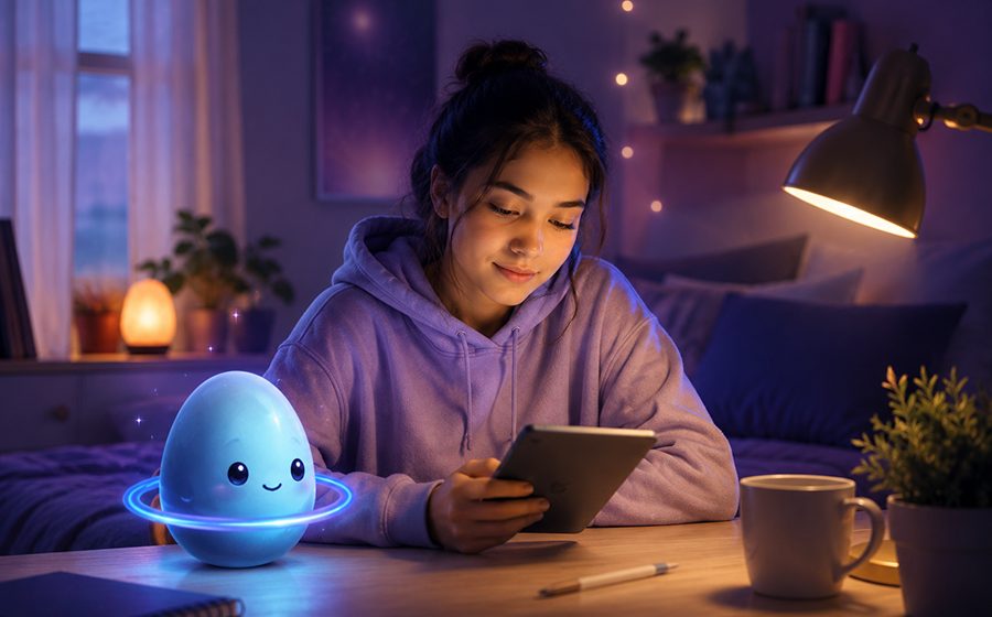 Teen using a device with Bree nearby in a calm evening room.
