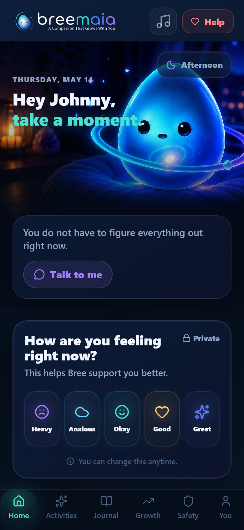 Breemaia home screen mood check-in preview